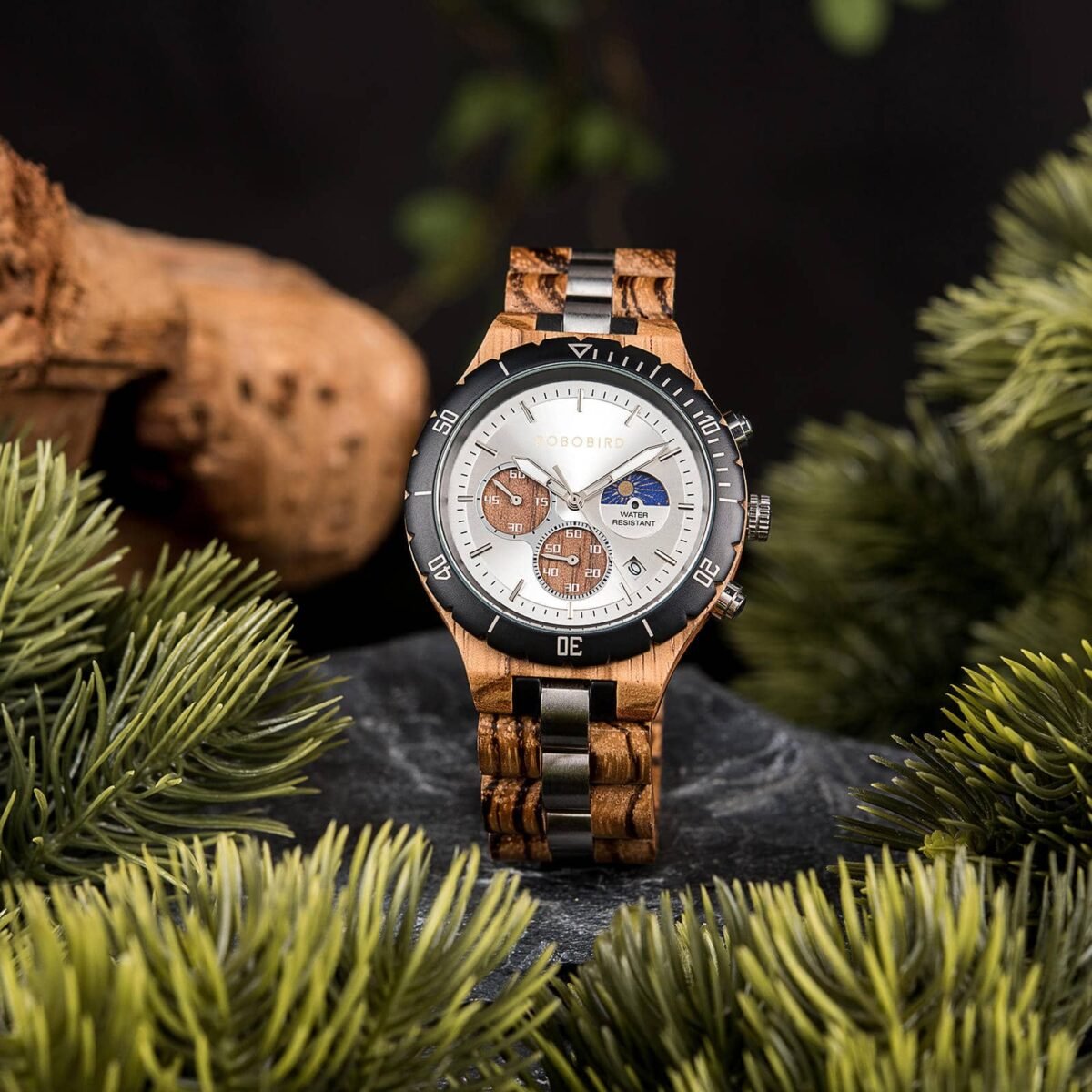 BOBO BIRD Zebrawood Chronograph Moonphase Wooden Watch (wooden watches)